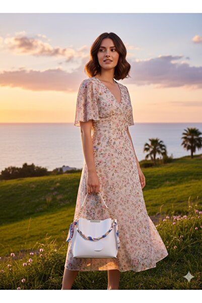 Kübra Boutique Geantă din piele pentru femei, ALBĂ, cu eșarfă și accesorii cu...