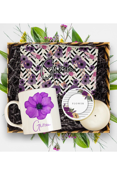 EJOYA Kişiye Özel Manolya Çiçeği Tasarım Kupa & Makyaj Çantası & Mum Hediye K...