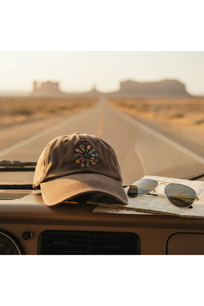 DesDesign Boho Çiçek Peace Baskılı Şapka – Kahverengi Yıkamalı Unisex Cap