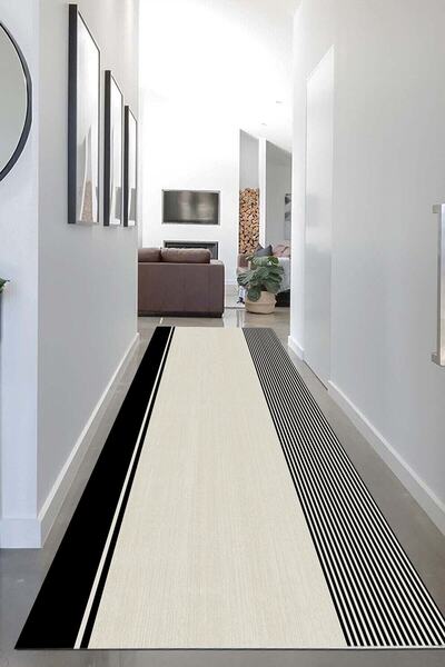 Decomia Home Dijital Baskılı Kaymaz Çizgili Tasarım Modern Salon Halısı Mutfa...