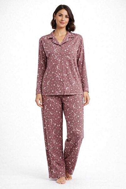 Butik Milenass Alt Üst 2'li Takım Ay ve Yıldız Desenli Pjama Takımı Yılbaşı P...