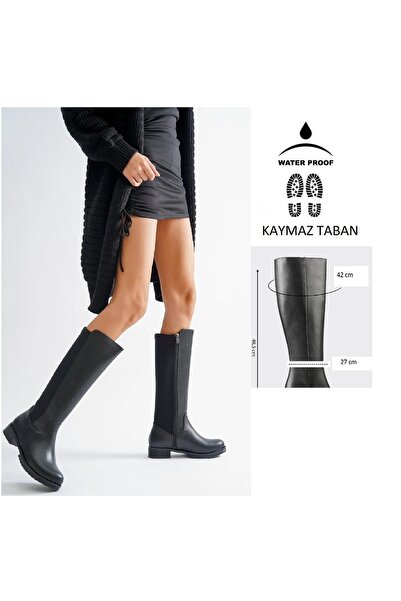 FLORİN Kadın Siyah Kısa Topuklu Diz Altı Çizme