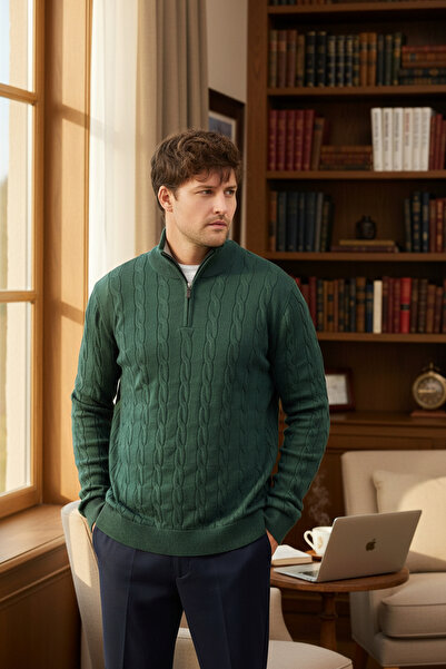 Frappoli Pulover din bumbac cu jumătate de fermoar pentru bărbați, verde smar...