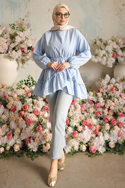 İmajButik تنورة زرقاء فاتحة الطبقات تونك مكشكش