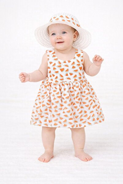 Chicsy Baby Tatlı Karpuz Desenli Şapkalı Fiyonklu Kız Bebek Elbisesi