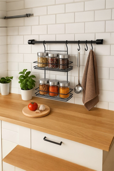 Wirewel İki Katlı Retro Mutfak Rafı Sepet, Askılı Kancalı Baharatlık Standı