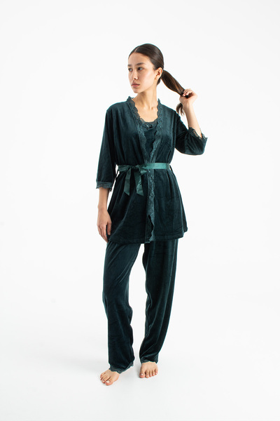 Ecrou Women's Emerald Velvet Rope Strap Robe Pants 3-Piece Pajama Set