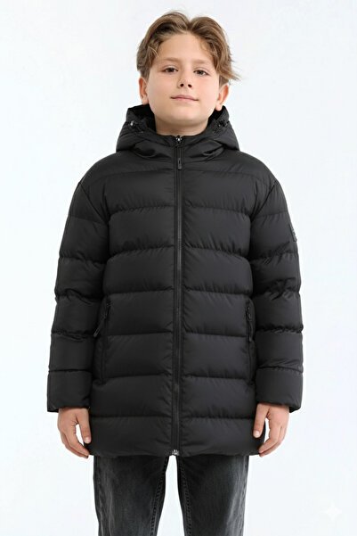 RİVERCLUP Erkek Çocuk Rüzgar Geçirmez Elyaflı Siyah Kapüşonlu Mont