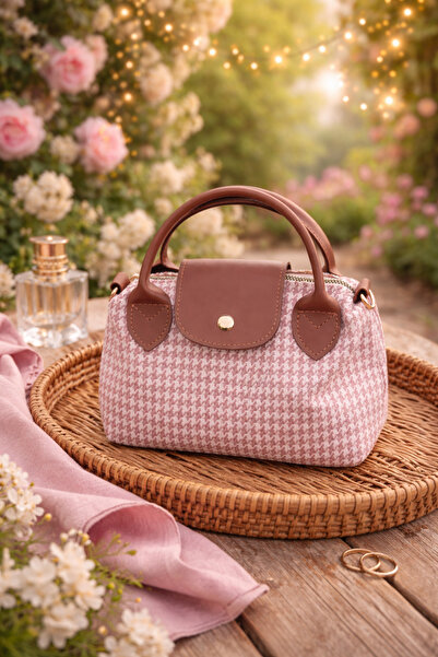 kosmiq joy Houndstooth (Kaz Ayağı) Desenli Mini Çanta – Kahve Kapaklı