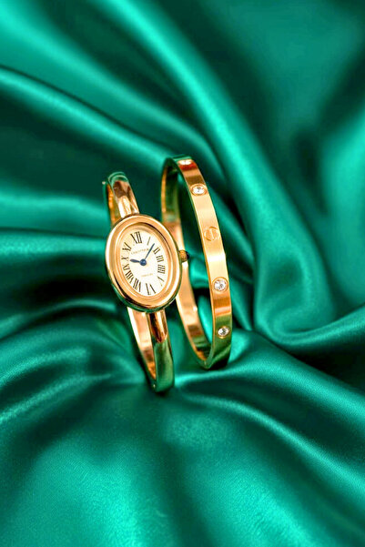 Crc Bijuteri Kadın Gold Renk Çelik Roma Rakamlı Kelepçe Modeli Saat & Zirkon ...