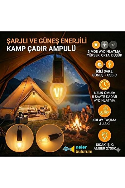 nelerbulurum ŞARJLI VE GÜNEŞ ENERJİLİ 3 IŞIK MODLU AMBER RENK ASMA KANCALI EL...