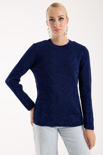 Moda Days Pulover de damă, albastru, cu sclipici, cu guler rotund