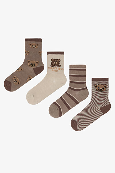 Penti Erkek Çocuk Latte Teddy Ayı Desenli Pamuklu 4'lü Soket Çorap