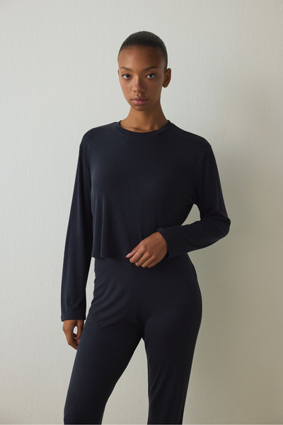 Penti Black Crew Neck Long Sleeve Corded Fabric Modal Loose Fit Crop Top