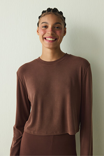 Penti Cappuccino-Farbener, locker geschnittener Crop-Top mit Rundhalsausschni...