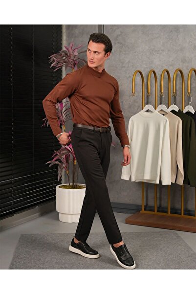 MODEFENDİ Erkek Kiremit Düz Yüksek Kalite Çeyrek Balıkçı Pamuk Likra Triko Kazak