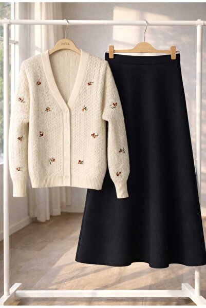 MODA VEDAT Set de tricotaje cu broderie florală pentru femei, cardigan și fus...