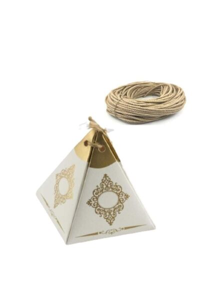 Dipak Beyaz Altın Varaklı Piramit Lokum / Şeker Kutusu 50 Adet/ 10 Metre Jüt Ip