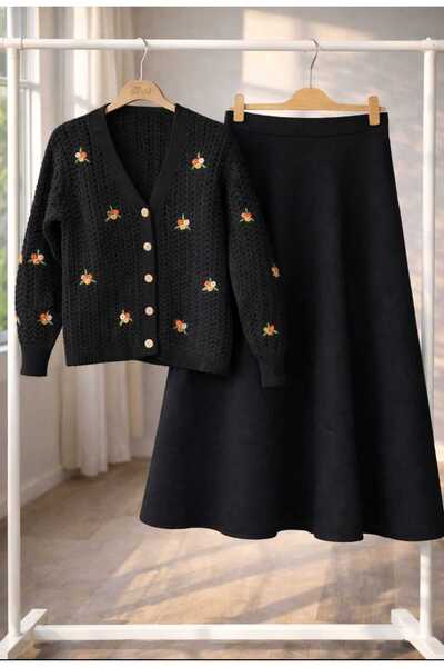 MODA VEDAT Set de tricotaje cu broderie florală pentru femei, cardigan și fus...