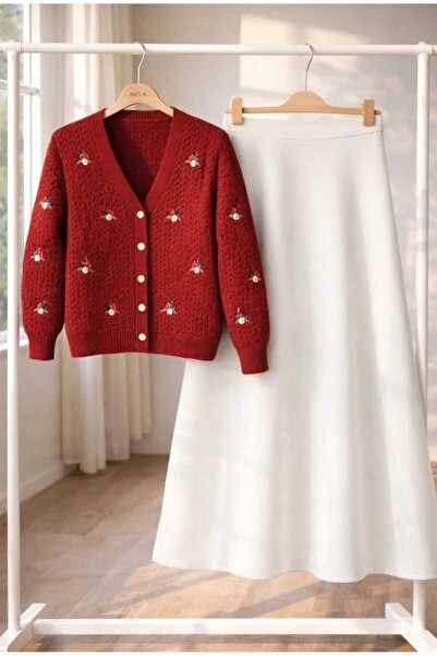 MODA VEDAT Set de tricotaje cu broderie florală pentru femei, cardigan și fus...