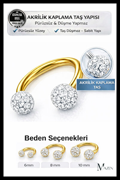 MAZEN Çelik Gold Kararmaz Cerrahi Çelik Kristal Taşlı Kıkırdak Dudak Burun Se...