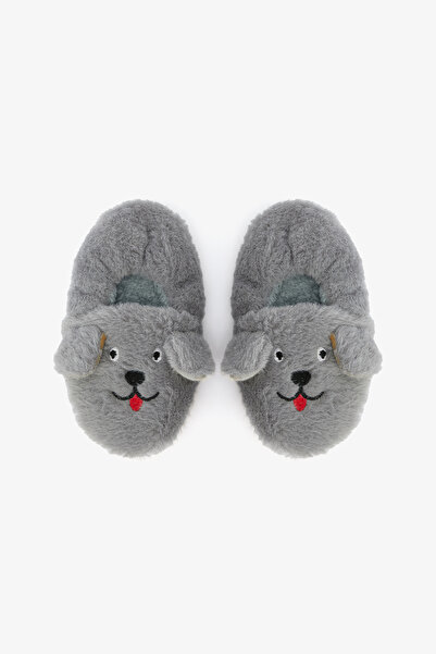 Penti Papuci de casă pentru băieți, gri, cu broderie de urs, textura moale