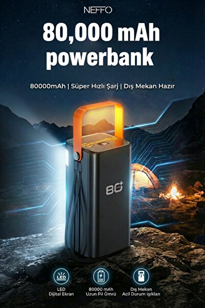 NEFFO 80.000 mAh 22.5W Hızlı Şarjlı LED Fenerli Kamp Tipi Powerbank – Deri As...