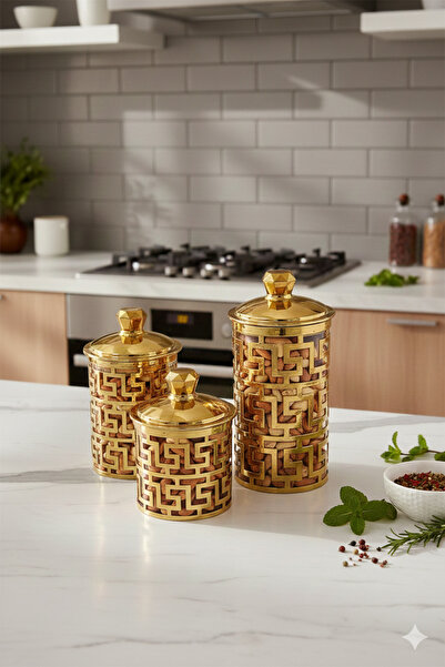 Modern shop A set of three different-sized acrylic containers for storing spices, legumes, and sugar, in a gold color.