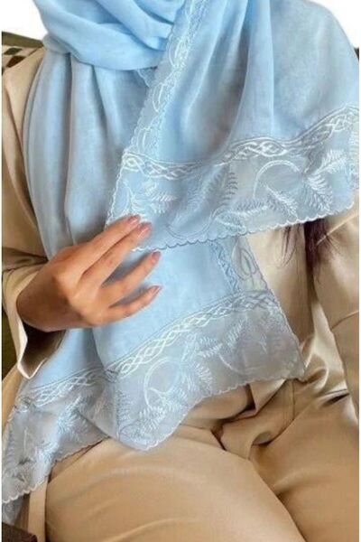 Veil Designer A sky-blue voile headscarf with embroidery on three edges, made...