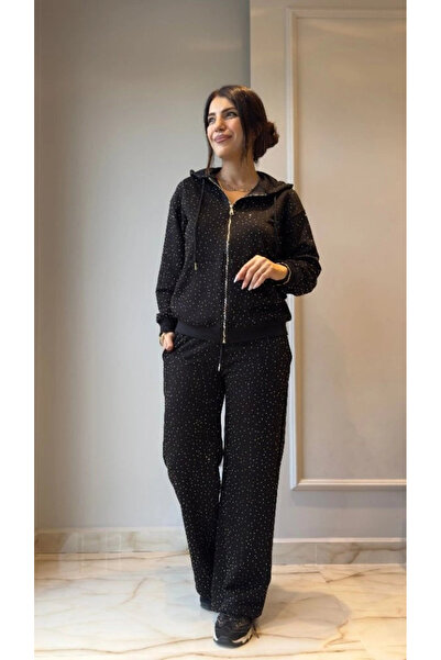 Butik Kadın Uzun Kollu Kapşonlu Fermuarlı Taşlı önü Fermuarlı Viskon Iki Ipli...