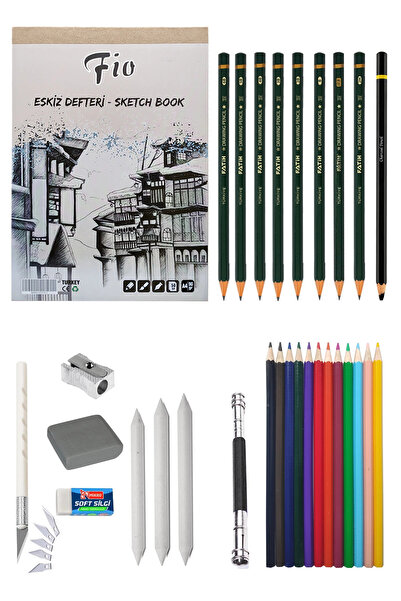 ACUTO Fio A4 Eskiz Defteri 90 G Dereceli Kalem Seti Kuruboya 12'li Eskiz Seti...
