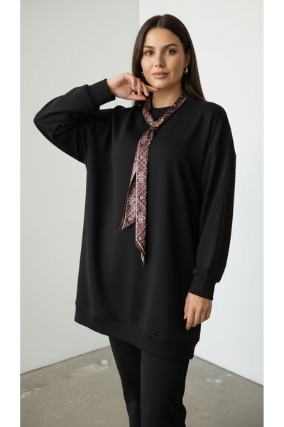 Curly TUNICĂ NEGRĂ DIN ȚESUT MODAL CU GĂRĂ ȘI EșARFĂ