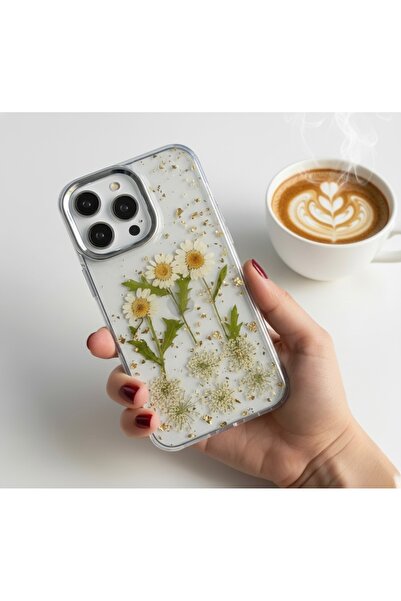 FİŞNEİLETİŞİM İPHONE 15 PRO UYUMLU GERÇEK ÇİÇEK PAPATYA DESENLİ KILIF