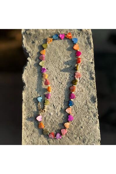 Generic Multicolor Shell Heart Necklace with Gold-Plated Hematite, Short Choker Style