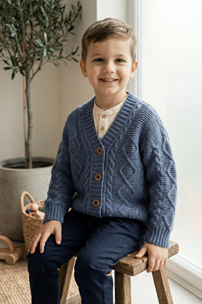 Babily سترة تريكو سميكة فاخرة للأولاد خياطة مخفية بياقة على شكل حرف V وأزرار ...