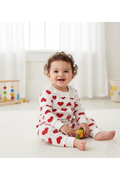 BUUFUU Kız Bebek Takım Kalp Desenli Yakası Dantelli Uzun Kollu Pamuklu