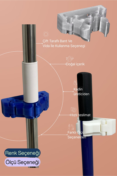 Ercinova Klipsli Mop Sap Tutucu – Vidalı/Bantlı Duvar Askısı | Kilitli Sap Tu...