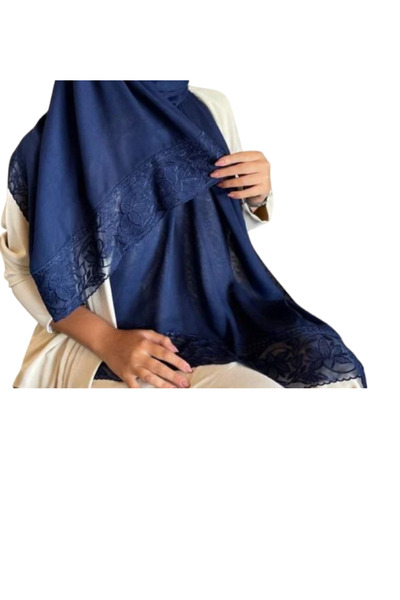 Veil Designer A navy blue voile headscarf with embroidery on three edges, mad...