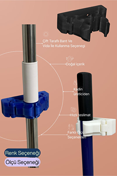 Ercinova Klipsli Mop Sap Tutucu – Vidalı/Bantlı Duvar Askısı | Kilitli Sap Tu...