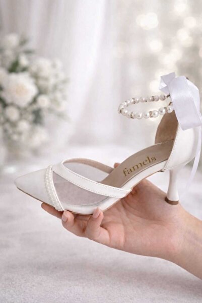 MİKANA MODA Pantofi cu toc mic cu perle și cască, pantofi de mireasă din plas...