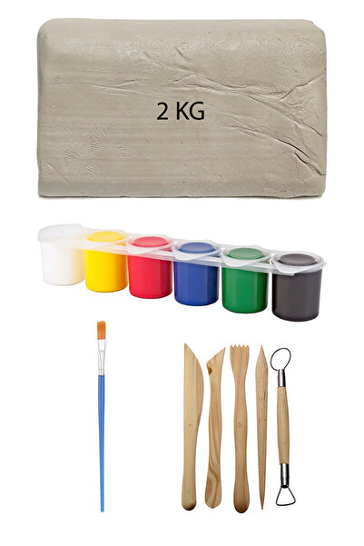 ACUTO Beyaz Seramik Hamuru 2 kg Kil Ebeşuar Seti 6x15 ml Akrilik Seti Düz Fır...