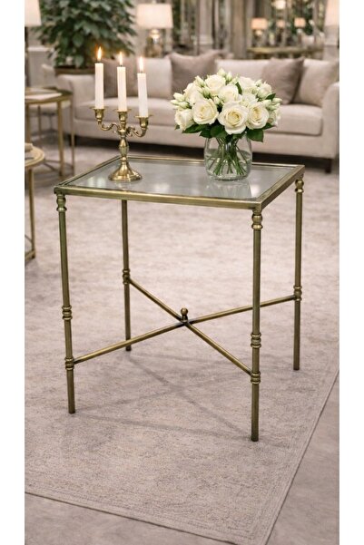 Tutku Torna Detaylı Pirinç Eskitme Kare Yan Sehpa