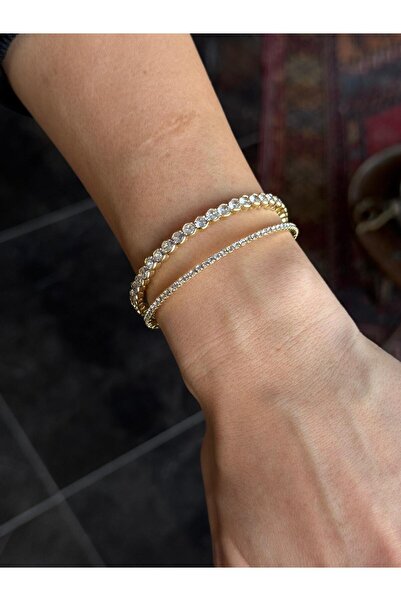 Luseda VIP Çift Sıra Taşlı Gold Kelepçe Bileklik