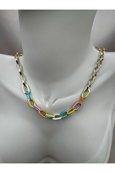 Luseda Renkli Halkalı Gold Renk 40+5CM Ayarlanabilir Kolye