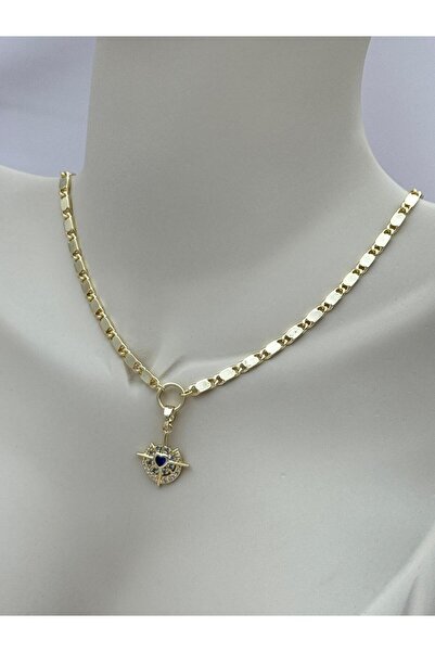 Luseda Mavi Kalp Taşlı Işıltılı Charm Detaylı 40+5 cm Ayarlanabilir Zincir Kolye