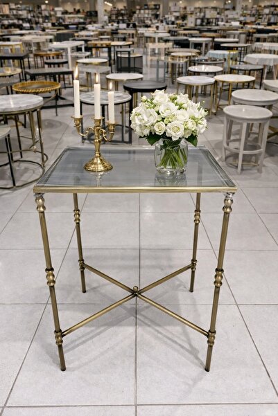 Tutku Torna Detaylı Pirinç Eskitme Kare Yan Sehpa