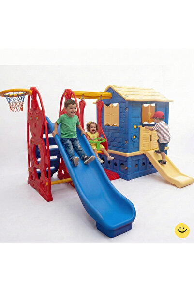 MUPARK Oyun Evi Kaydırak Salıncak Basket Potası 3'ü 1 Arada Set Bahçe Kreş An...