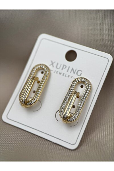 Luseda أقراط ذهبية بتصميم مستطيل مع حجر بيضاوي الشكل