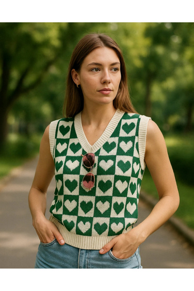 ModaYaren YEŞİL KALPLİ V YAKA SÜVETER