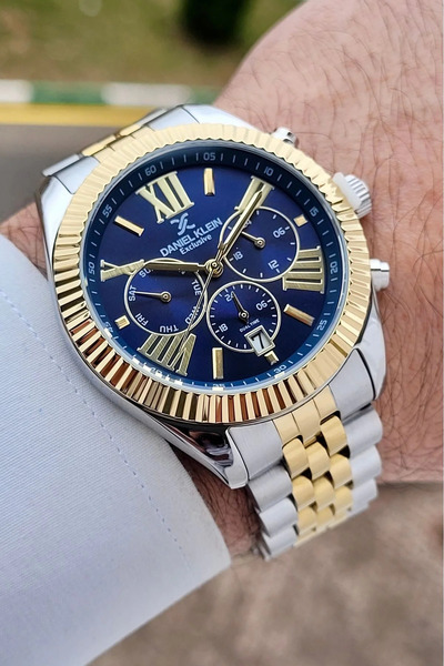 Daniel Klein 42mm Men's Wristwatch with Navy Blue Dial Gold Grey Color Adjust...